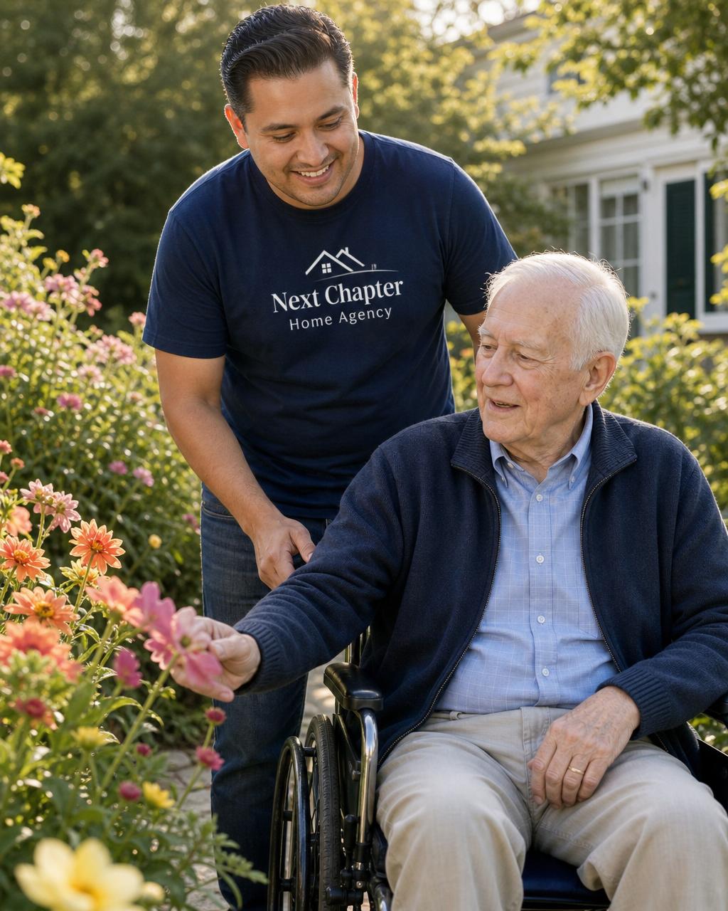 Caregiver and elderly man in a wheelchair admiring flowers in a garden