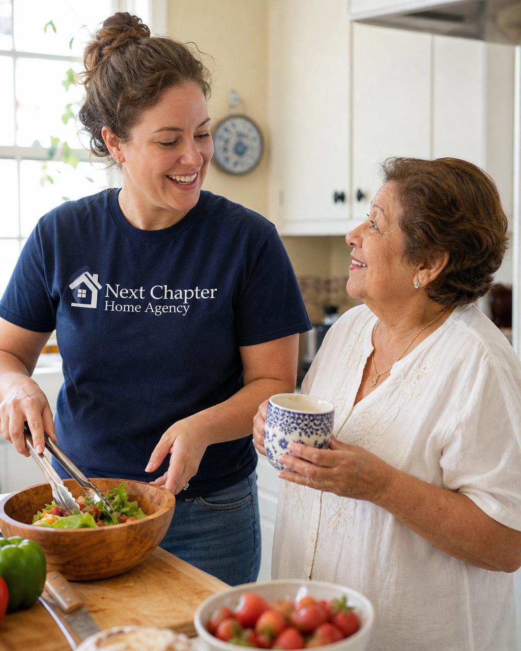 Caregiver preparing a fresh homemade meal while an elderly woman chats nearby