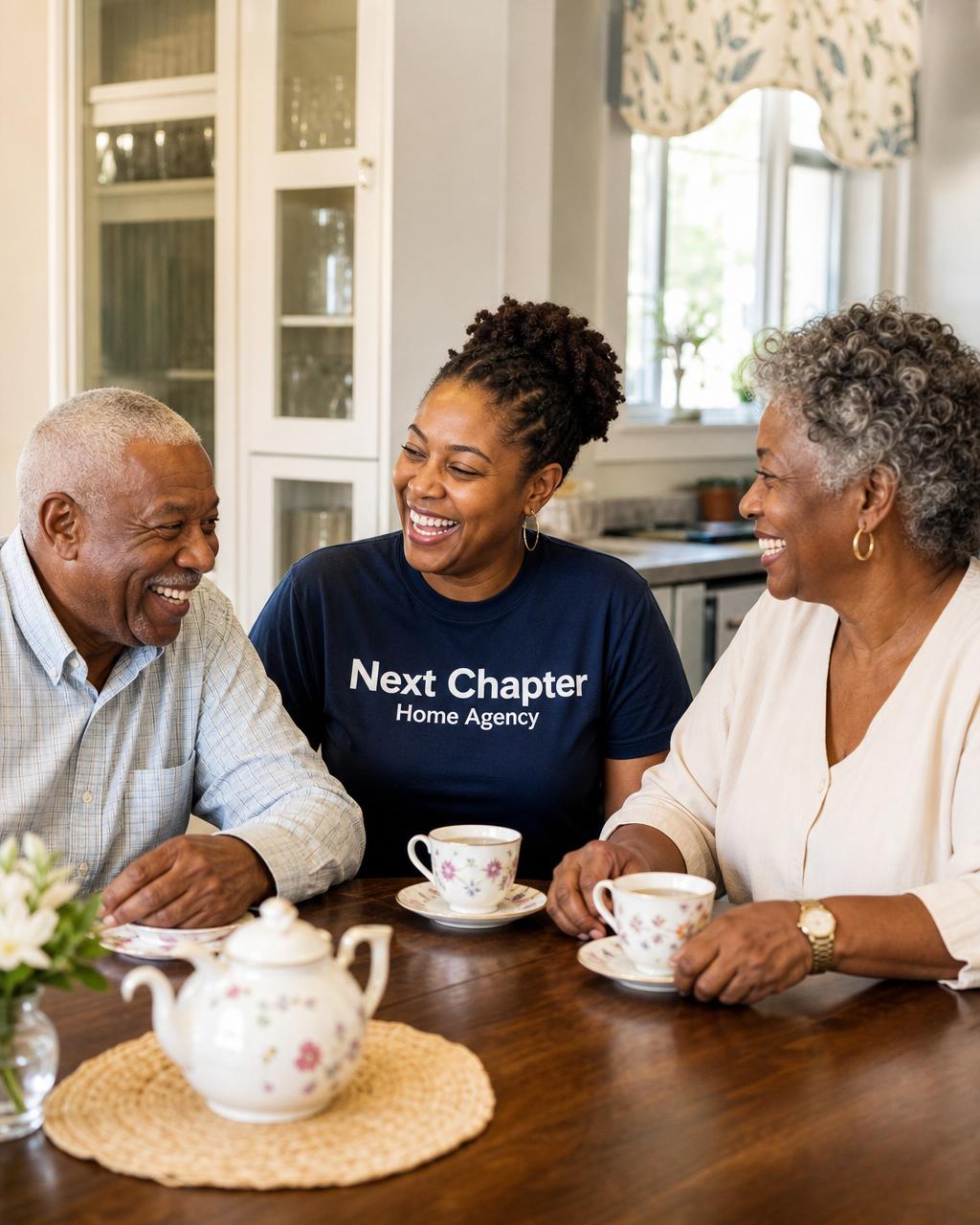 Black caregiver laughing together with an elderly Black couple over tea at the kitchen table
