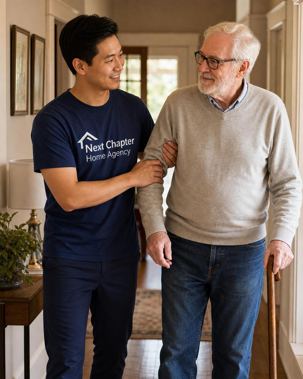 Asian caregiver steadying an elderly man with a cane as they walk at home